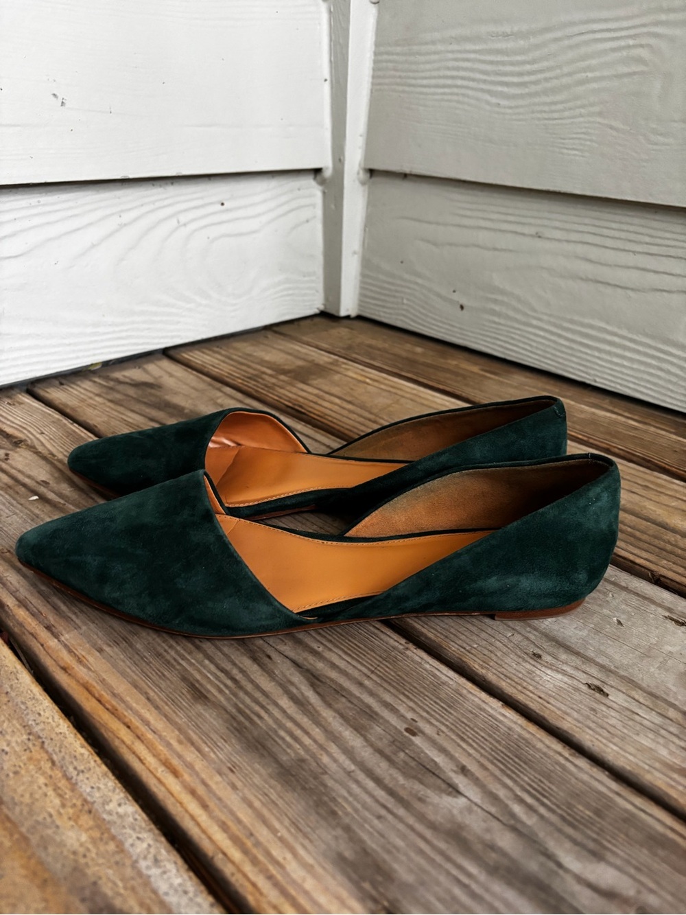 J.Crew Forest Green Pointed Toe Flats Size 10 Suede Side Cutout Shoes